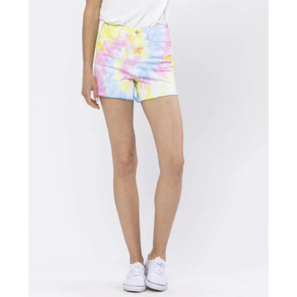 Judy Blue Swirl Tie Dye Raw Hem Cut Off Denim Jean Shorts Large Summer Festival - Picture 3 of 16